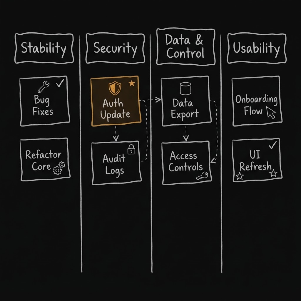 Hand-drawn feature roadmap sketch grouping new features into columns for stability, security, data & control, and usability